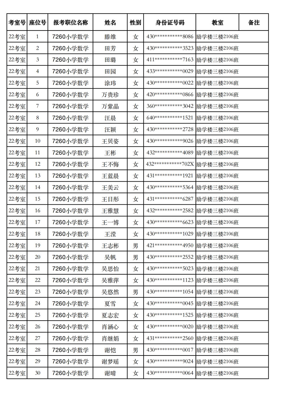 长沙市实验小学2023年引进高校毕业研究生笔试、选调骨干教师知识测验考场及座位号安排(图16)